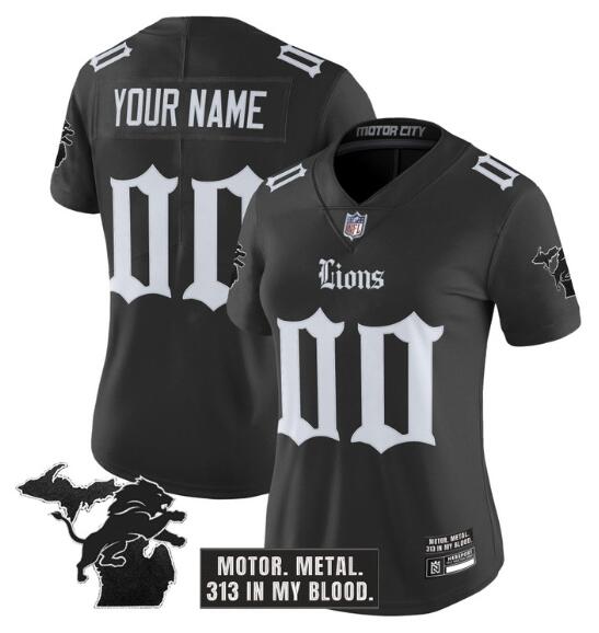 Women's Detroit Lions Active Player Custom Black 2025 F.U.S.E. 'Gothic Motor Grit Edition' Vapor Limited Stitched Football Jersey(Run Small)